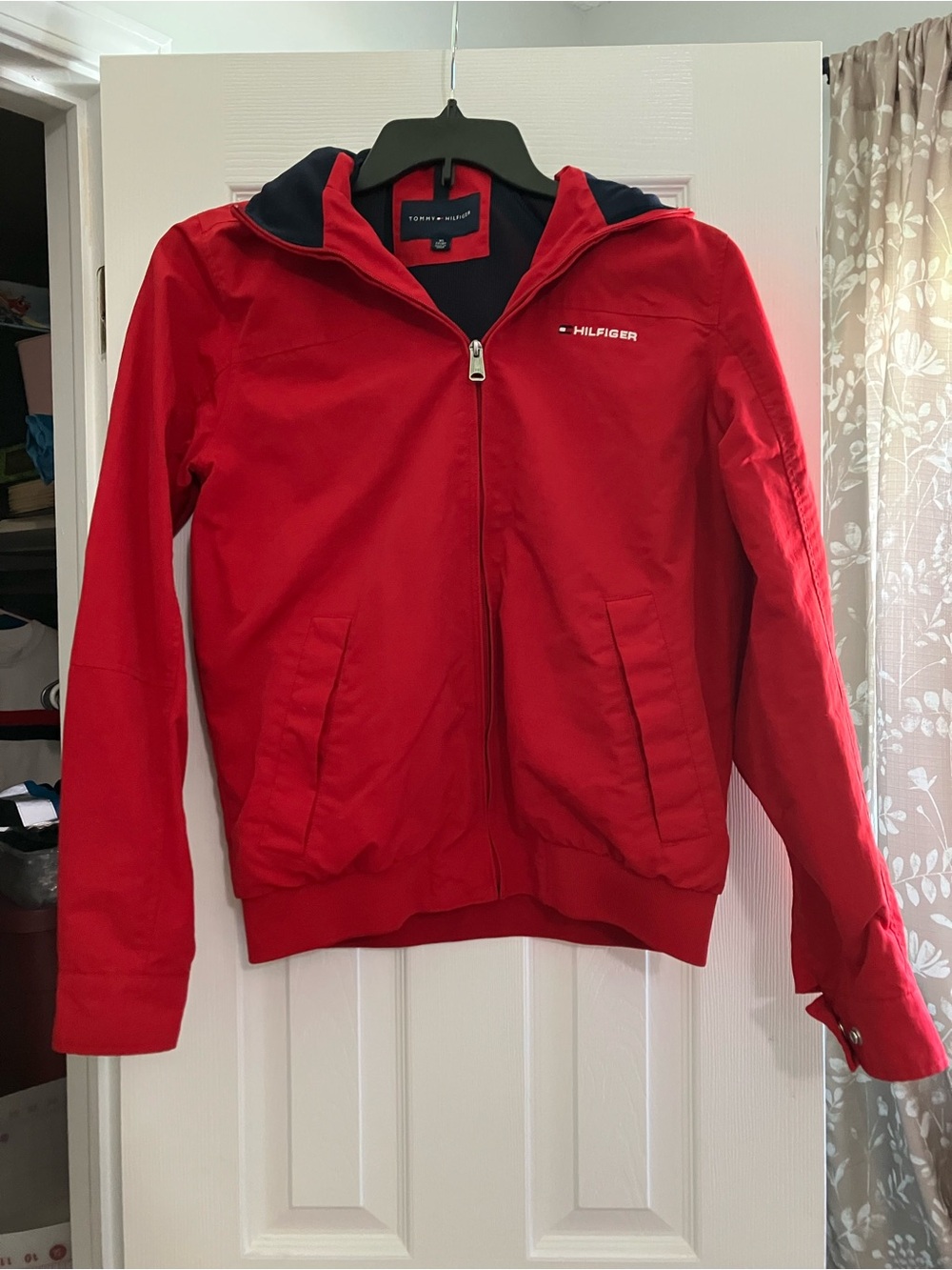 Tommy Hilfiger Red Hooded Windbreaker with Navy Lining